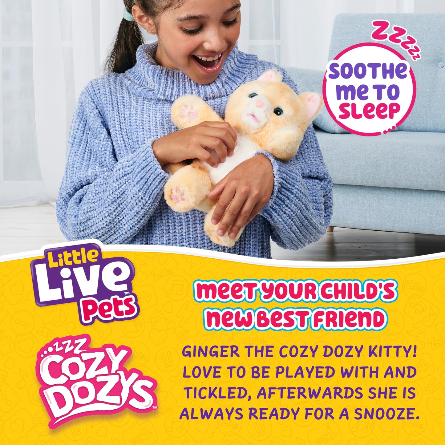 Little Live Pets Cozy Dozys Ginger The Pet Cat Toy, Interactive Plush Electronic Cat with 25+ Sounds, Soft Bedtime Kitty Toys for Kids of Ages 4+