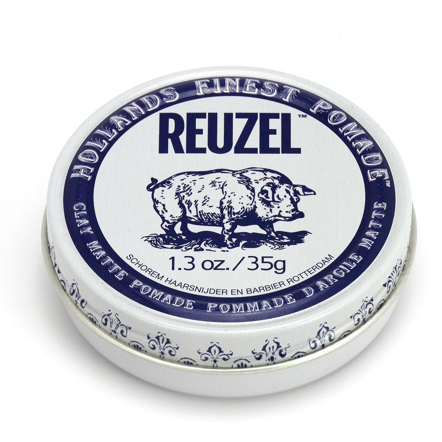 Reuzel pomade tin with blue and white design on a white background