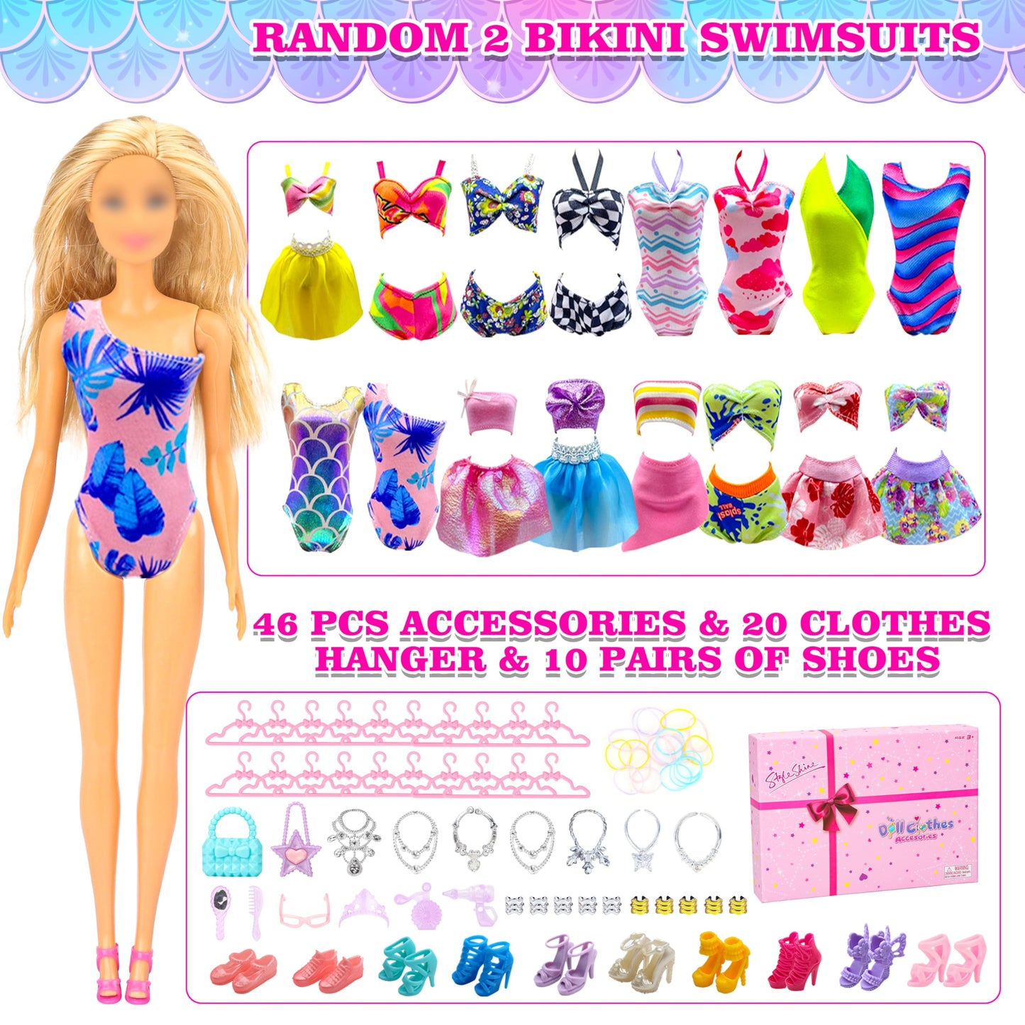 Style Shine 100-Piece Doll Clothes & Accessories Set – Dresses, Gowns, Jumpsuit, Tops, Pants, Shoes, Hangers & More – Birthday Gift