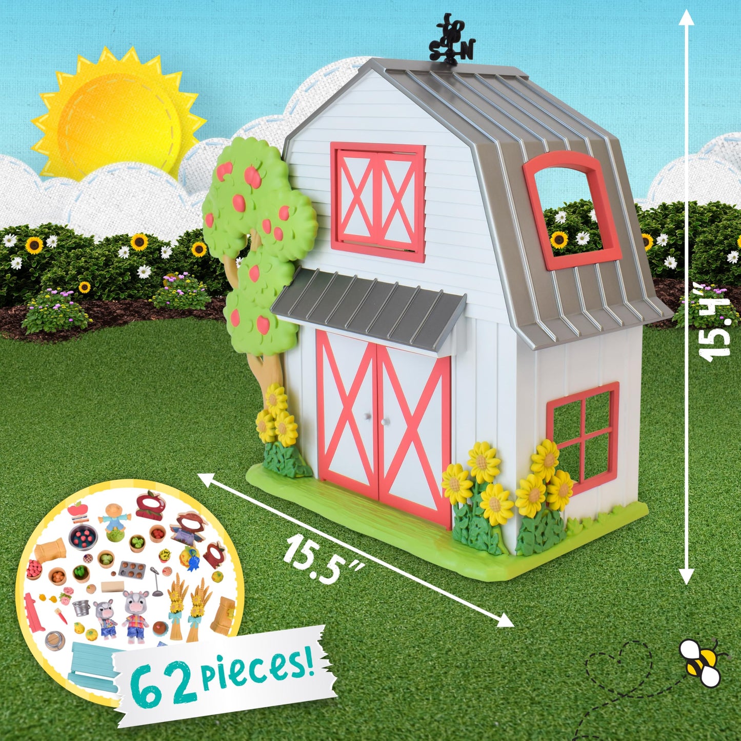 Honey Bee Acres Harvest Festival 62 Piece Miniature Dollhouse Playset with Flocked Animal Figures & Accessories, Imaginative Farm Play