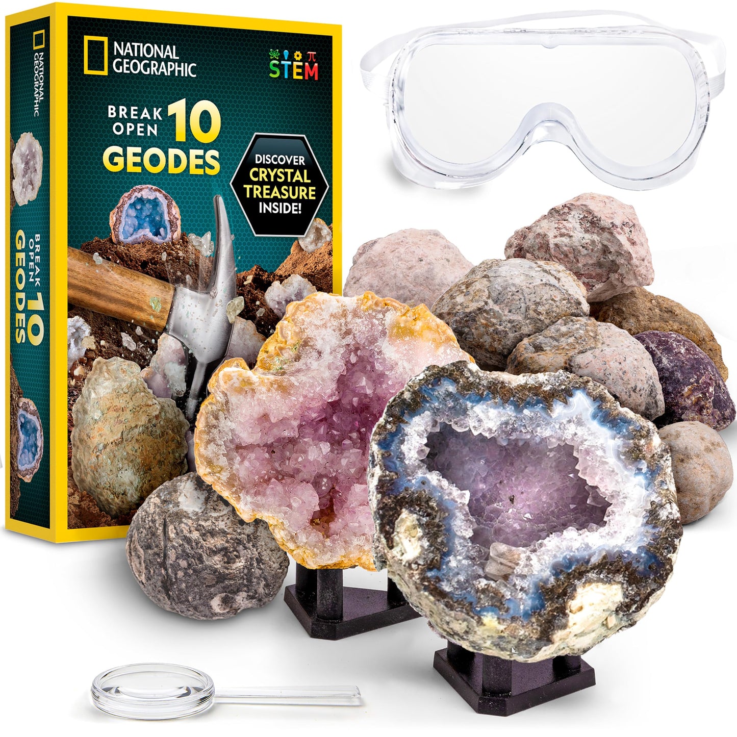 National Geographic Geode Kit – Break Open 10 Crystals, Includes Goggles & 2 Stands, STEM Science & Geology Gift for Kids