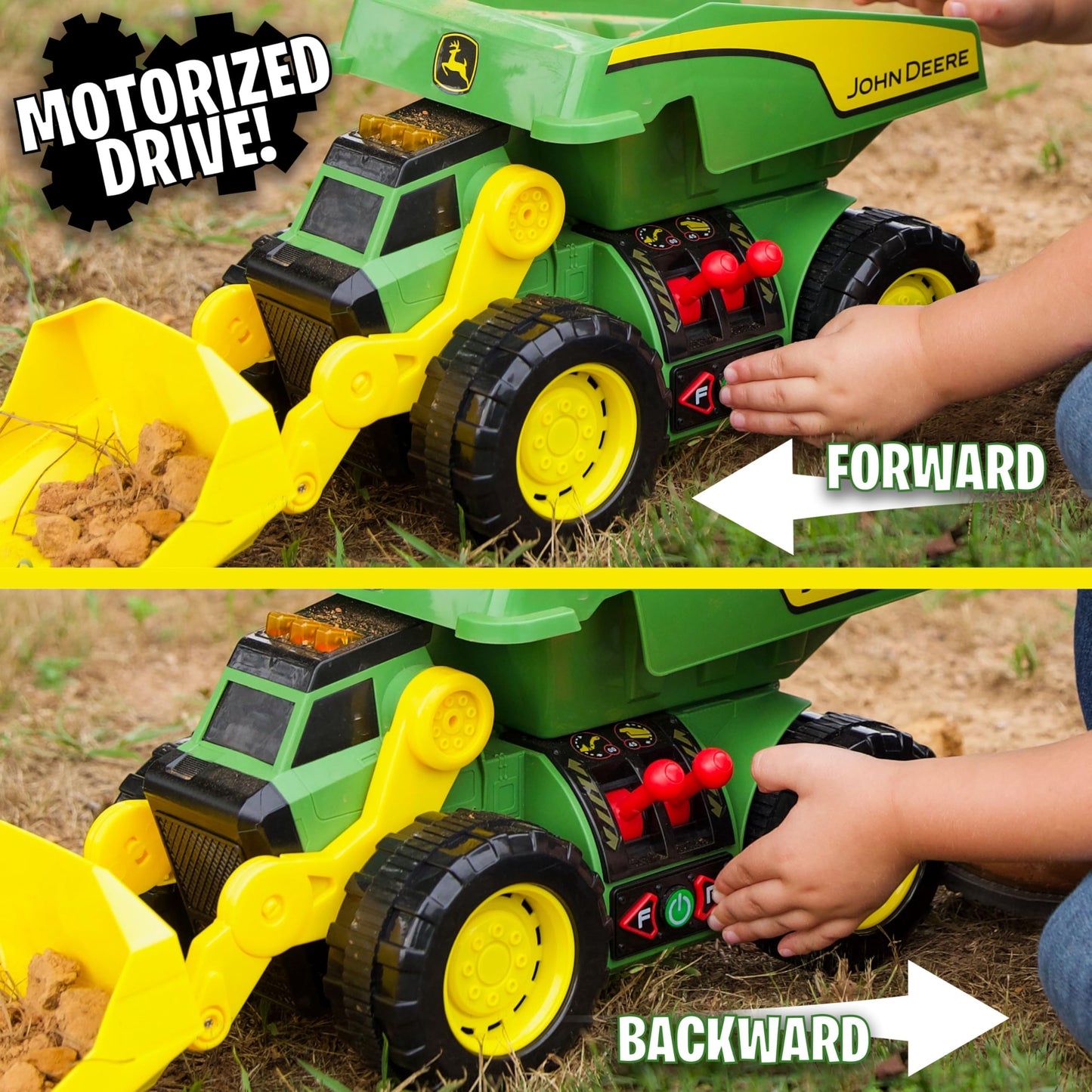 John Deere 18" Motorized Dig Rig: 2-in-1 Toy Dump Truck & Front Loader with Realistic Lights & Sounds, Dual Joystick - Kids 3+