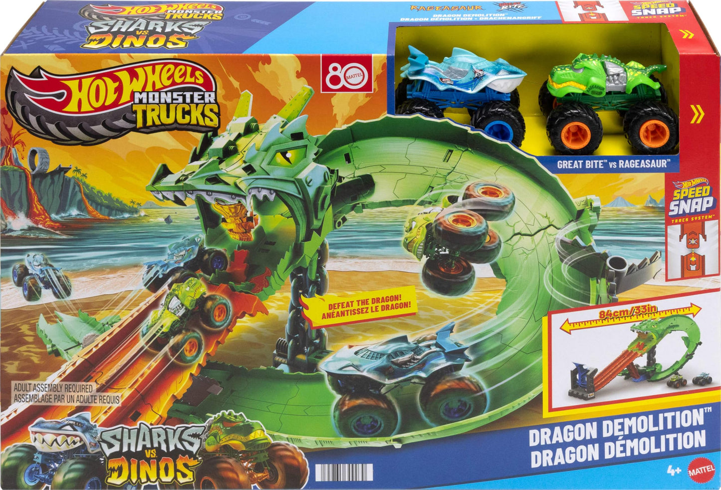 Hot Wheels Toy Monster Trucks, Sharks vs. Dinos Dragon Destruction Playset with 1:64 Scale Great Bite & Rageasaur, Race to Defeat The Cyborg Nemesis