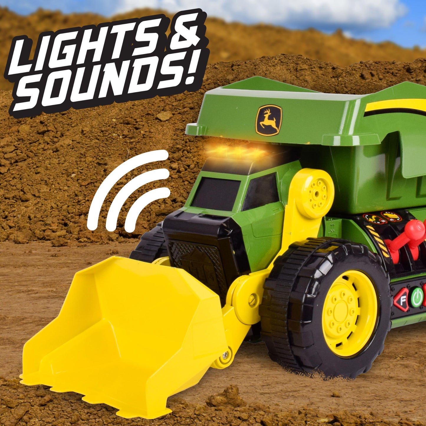 John Deere 18" Motorized Dig Rig: 2-in-1 Toy Dump Truck & Front Loader with Realistic Lights & Sounds, Dual Joystick - Kids 3+