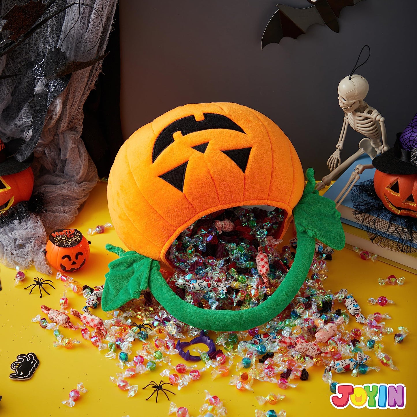 JOYIN Halloween Pumpkin Plush Tote Candy Bag, 11"x13.4" Trick or Treat Basket with Handle for Kids, Party Favors & Gifts