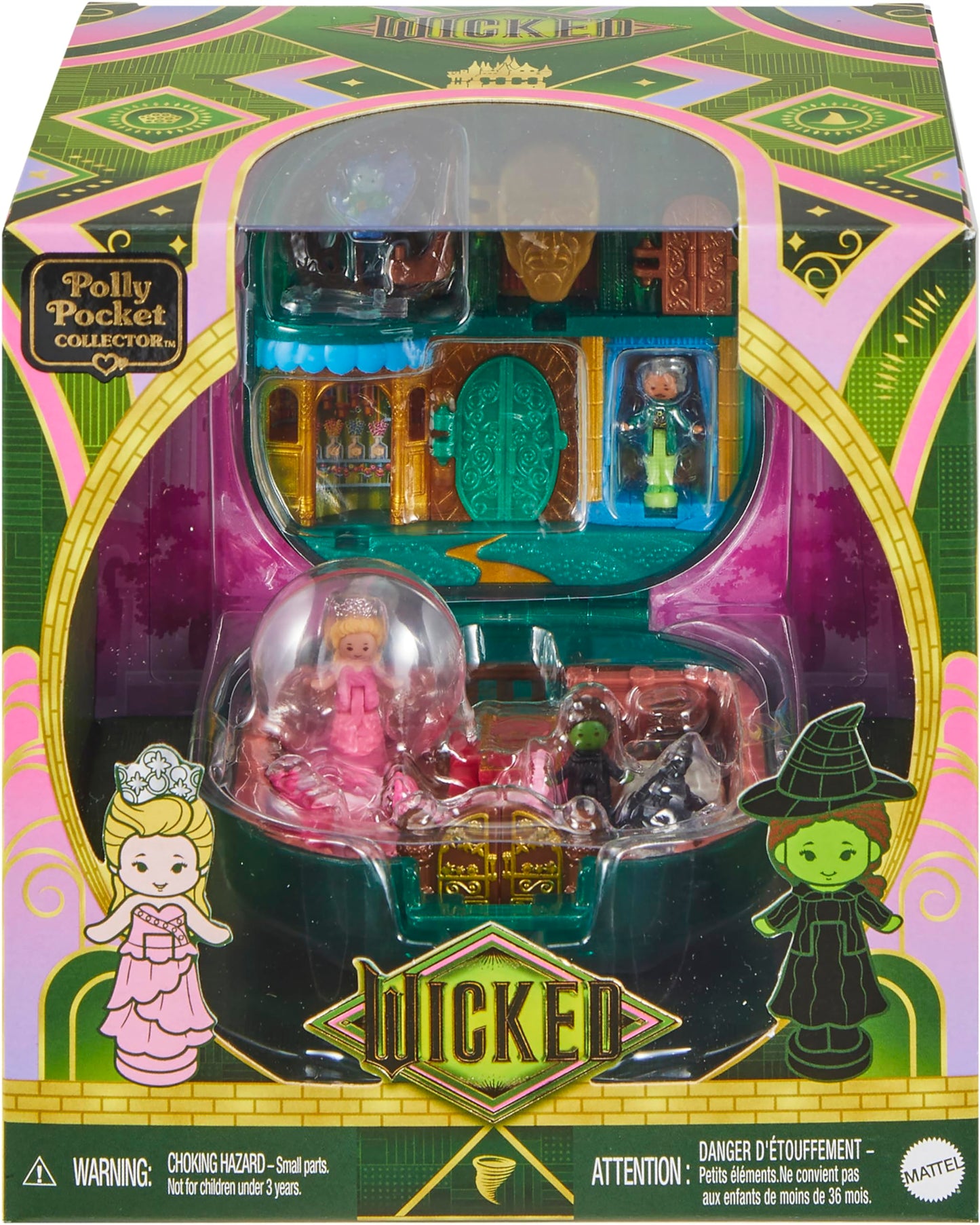 Polly Pocket Wicked x Collector Compact, Micro Dolls and Playset, 2 Themed Accessories, Iconic Shiz & Oz Locations, Glinda, Elphaba, & The Wizard