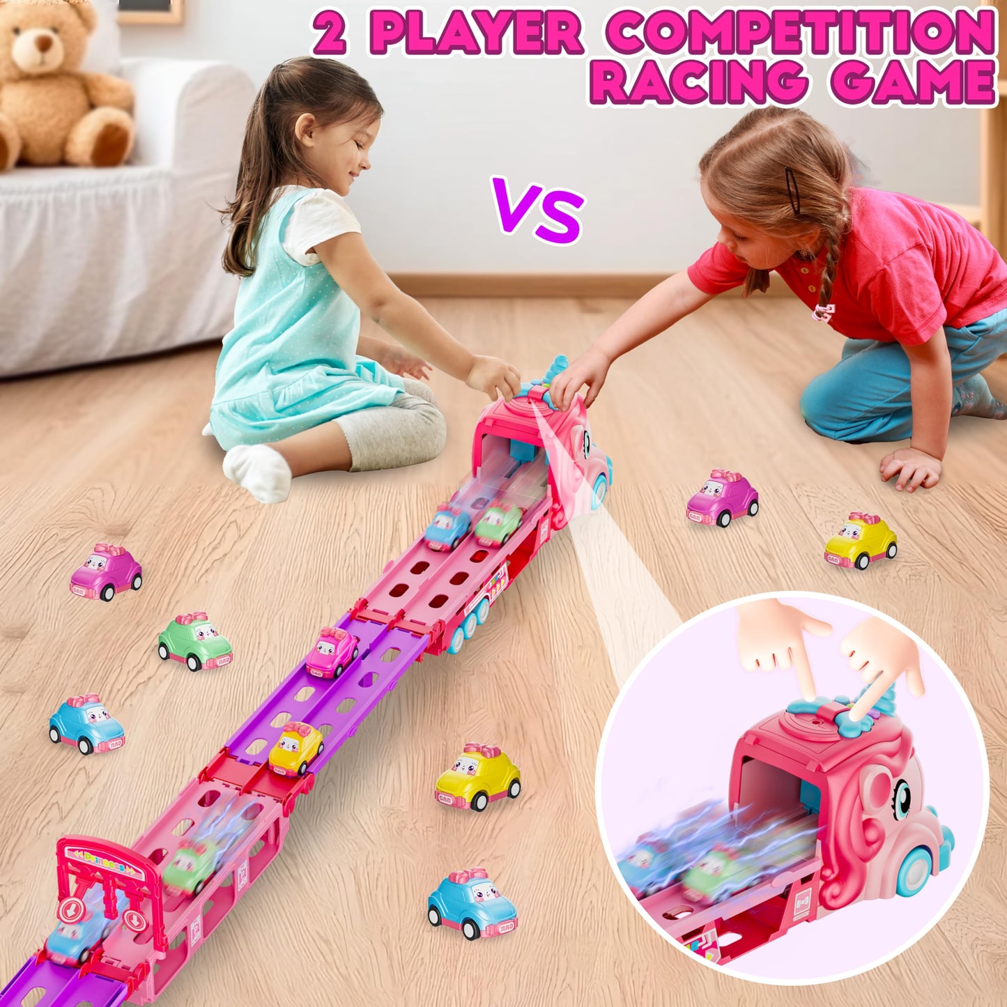 Funwee Unicorn Car Toys for Girls 2-7, Princess Carrier Truck with Sound & Lights, 2-Player Foldable Race Track, Birthday Gift