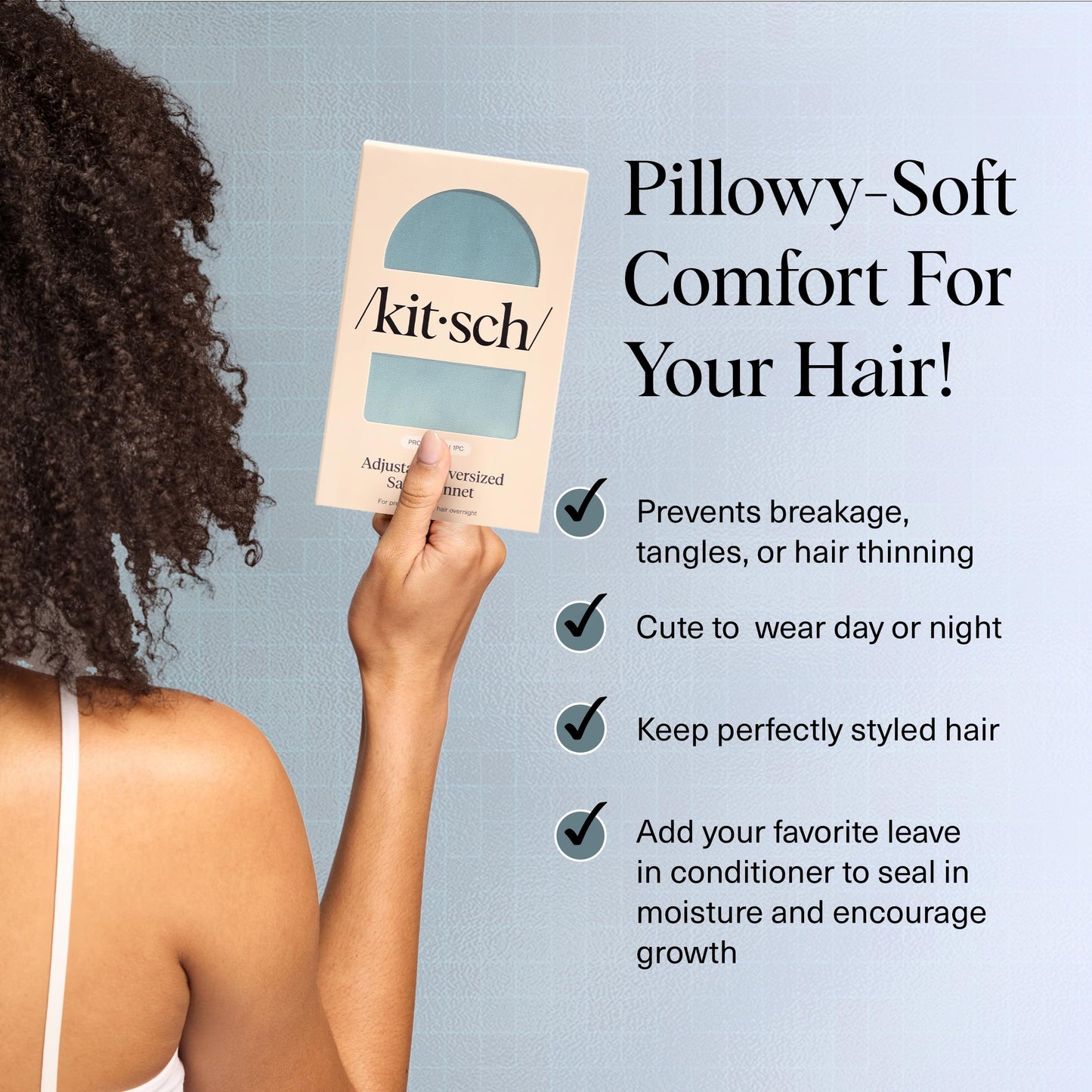 Kitsch XL Satin Sleep Bonnet for Women – Adjustable Night Cap for Curly, Textured Hair – Prevents Breakage, Frizz & Tangles – Haze Blue