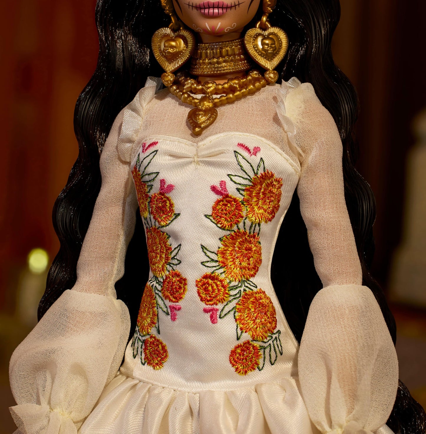 Barbie Signature Doll, Día De Muertos 2025 Collectible in Ruffled Cream Gown Trimmed with Marigolds and Ribbon, Flower Crown and Calavera Face Paint