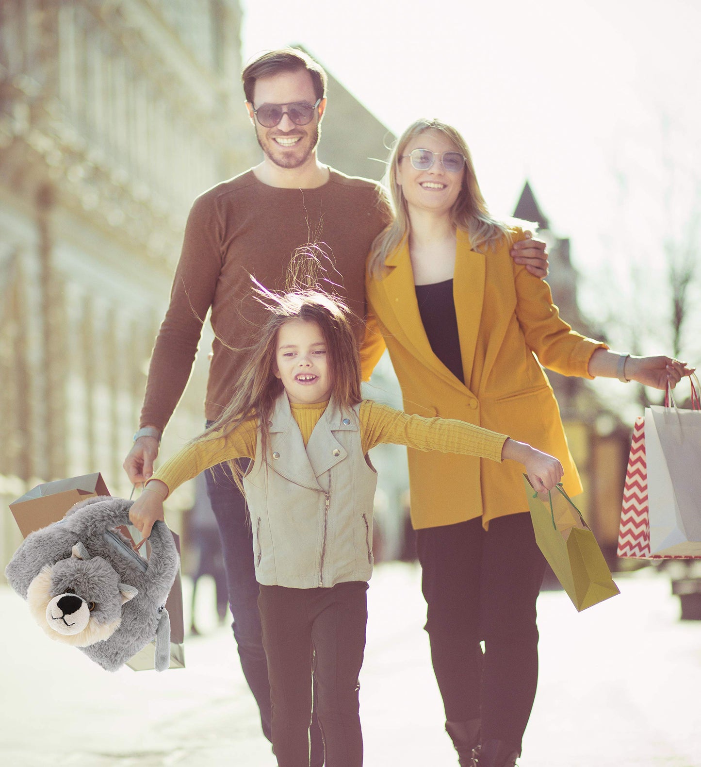 DolliBu Gray Wolf Plush Handbag – Soft Stuffed Animal Purse for Kids, Cute Toy Hand Bag for Pretend Play, Dress Up & Accessories