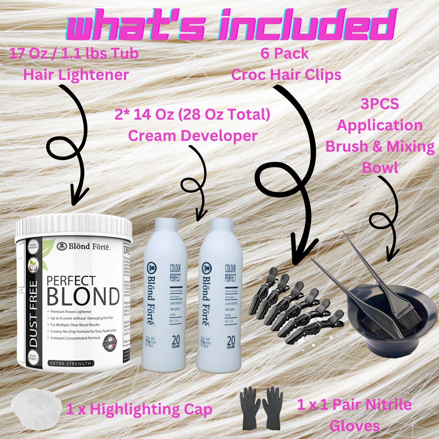 Perfect Blonde Hair Bleach Toner Lightener Powder Lightening Kit 20 Volume 800 ml Developer & Brush & Gloves - Made in Italy by Blond Forte