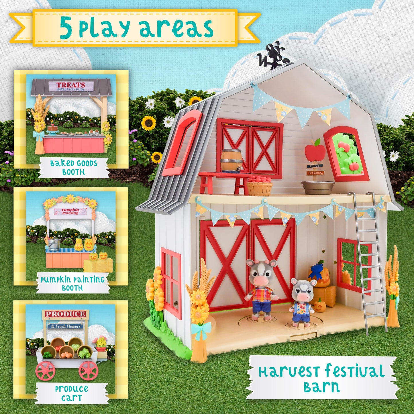 Honey Bee Acres Harvest Festival 62 Piece Miniature Dollhouse Playset with Flocked Animal Figures & Accessories, Imaginative Farm Play