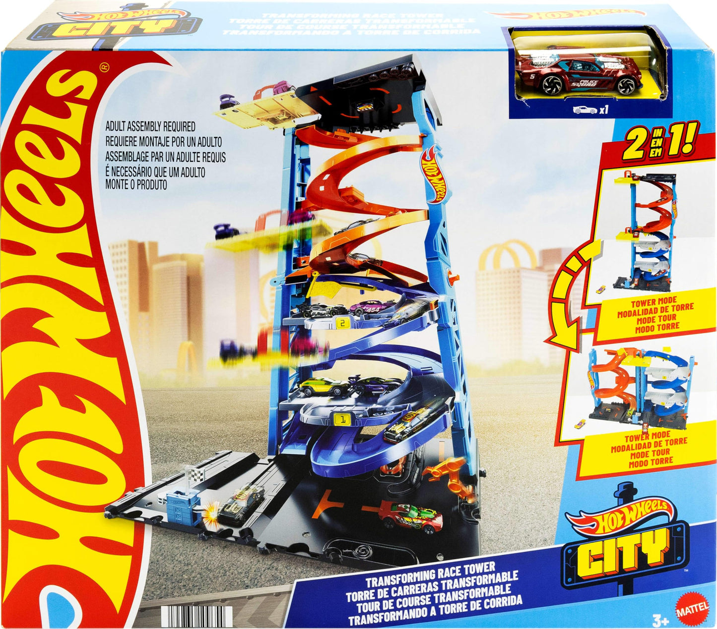 Hot Wheels City Toy Car Track Set, Transforming Race Tower, Single to Dual-Mode Racing, with 1:64 Scale Vehicle, 2 Ways to Play