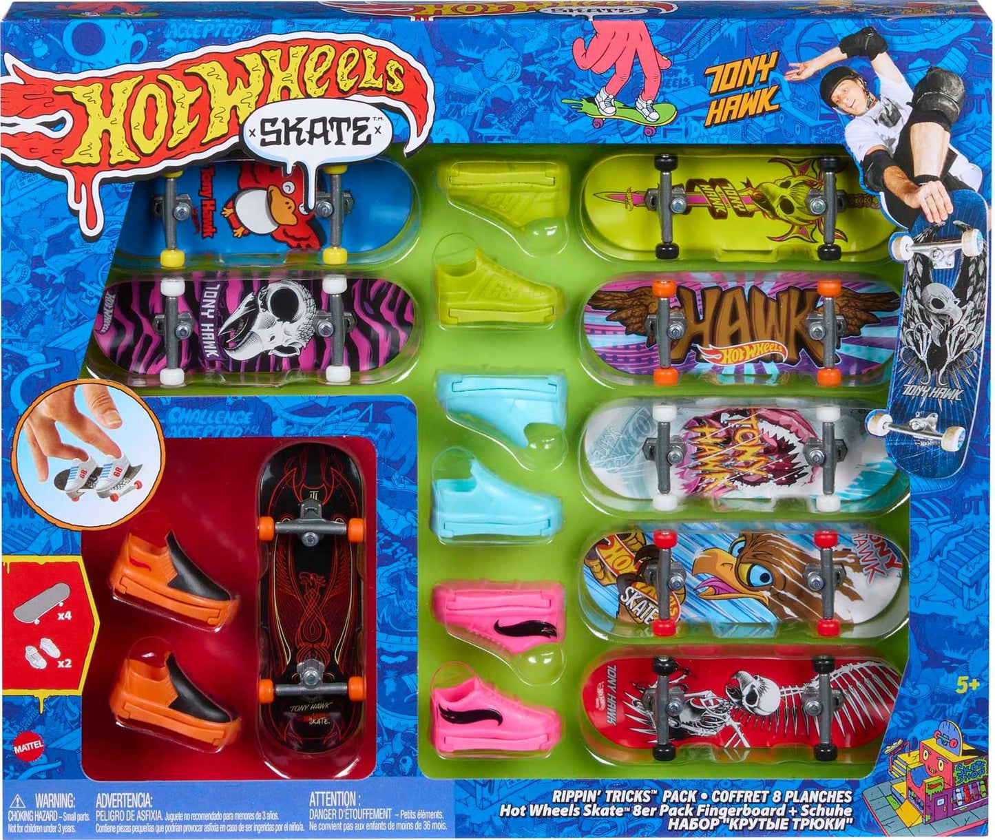 Hot Wheels Skate Rippin' Tricks Pack - 8 Fingerboards and 4 Pairs of Skateboard Shoes with Tony Hawk Inspired Designs, for Ages 5 and up, HMY19