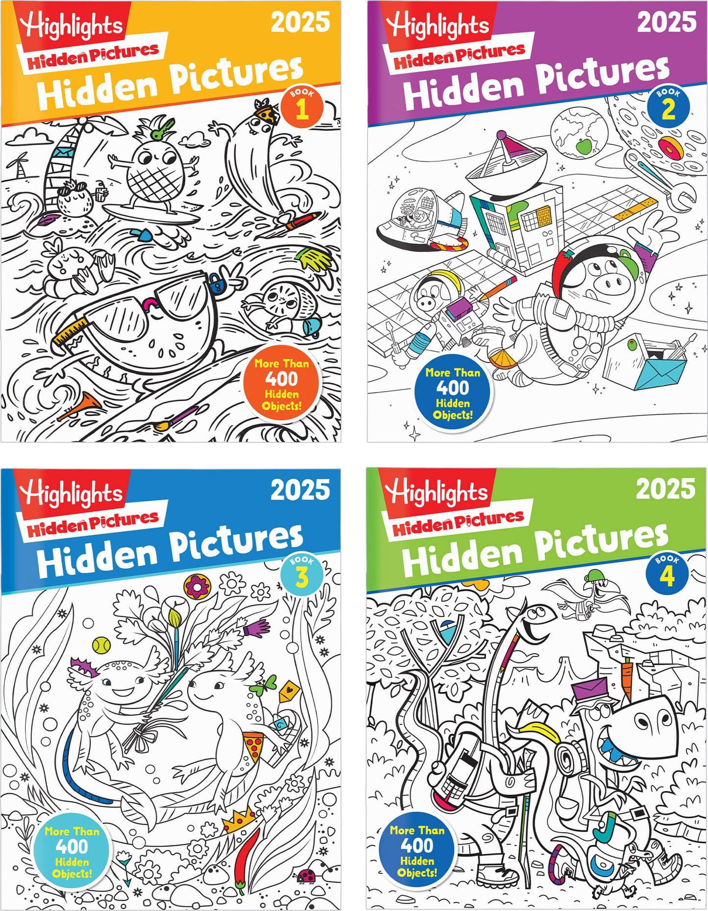 Highlights Hidden Pictures 2025 4-Book Activity Set for Kids Ages 6+ - Travel-Friendly Screen-Free Seek & Find Coloring Books