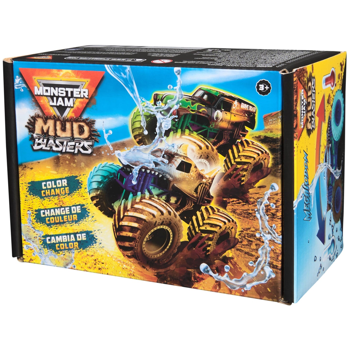 Monster Jam Mud Blasters, Grave Digger and Megalodon Color Changing Trucks 2-Pack, 1:64 Die Cast Vehicle, Kids Toys for Boys and Girls 3 and Up