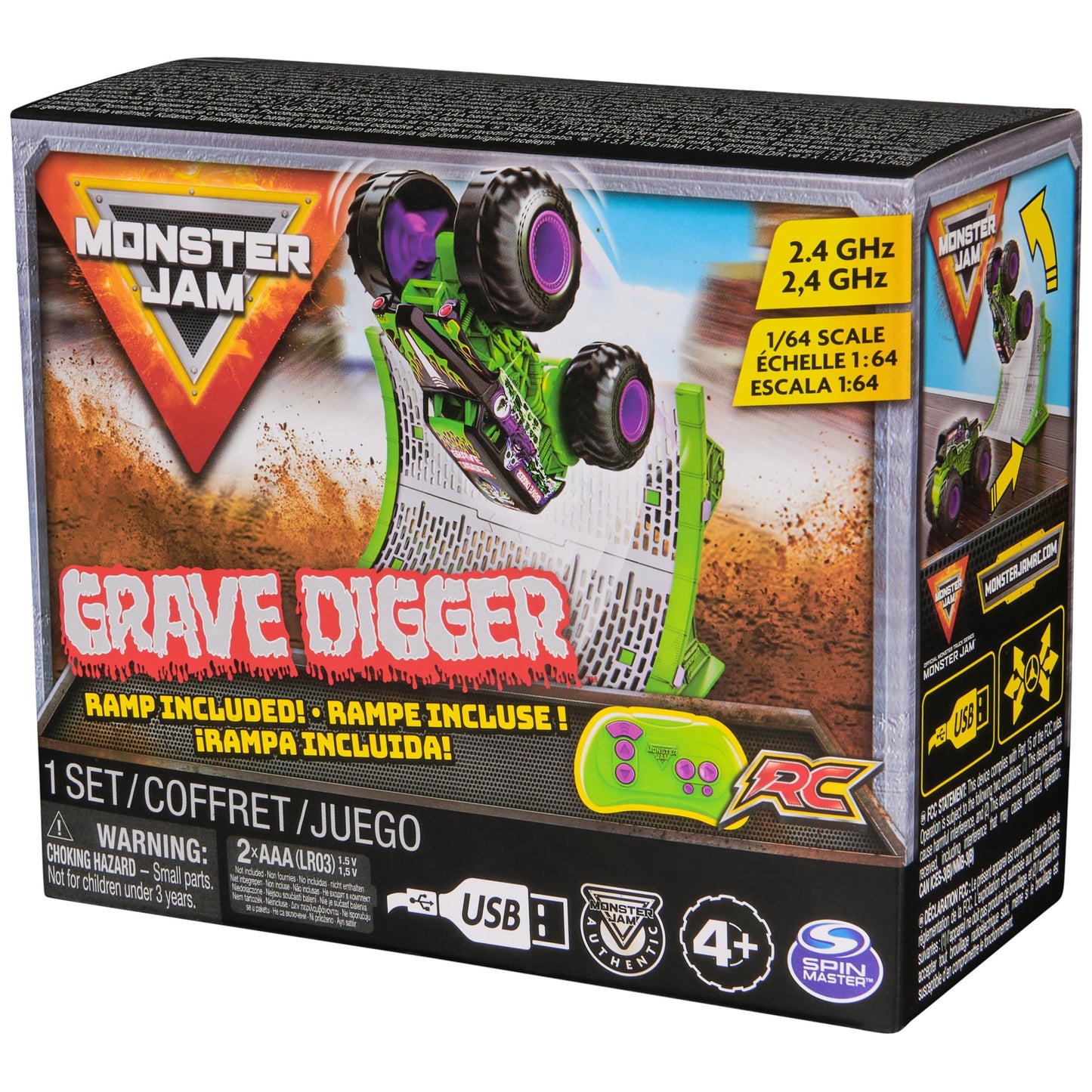 Monster Jam, Official Grave Digger Remote Control Monster Truck with Ramp, Small 1:64 Scale RC Cars Kids Toys for Boys and Girls Ages 3 4 5 6 and up