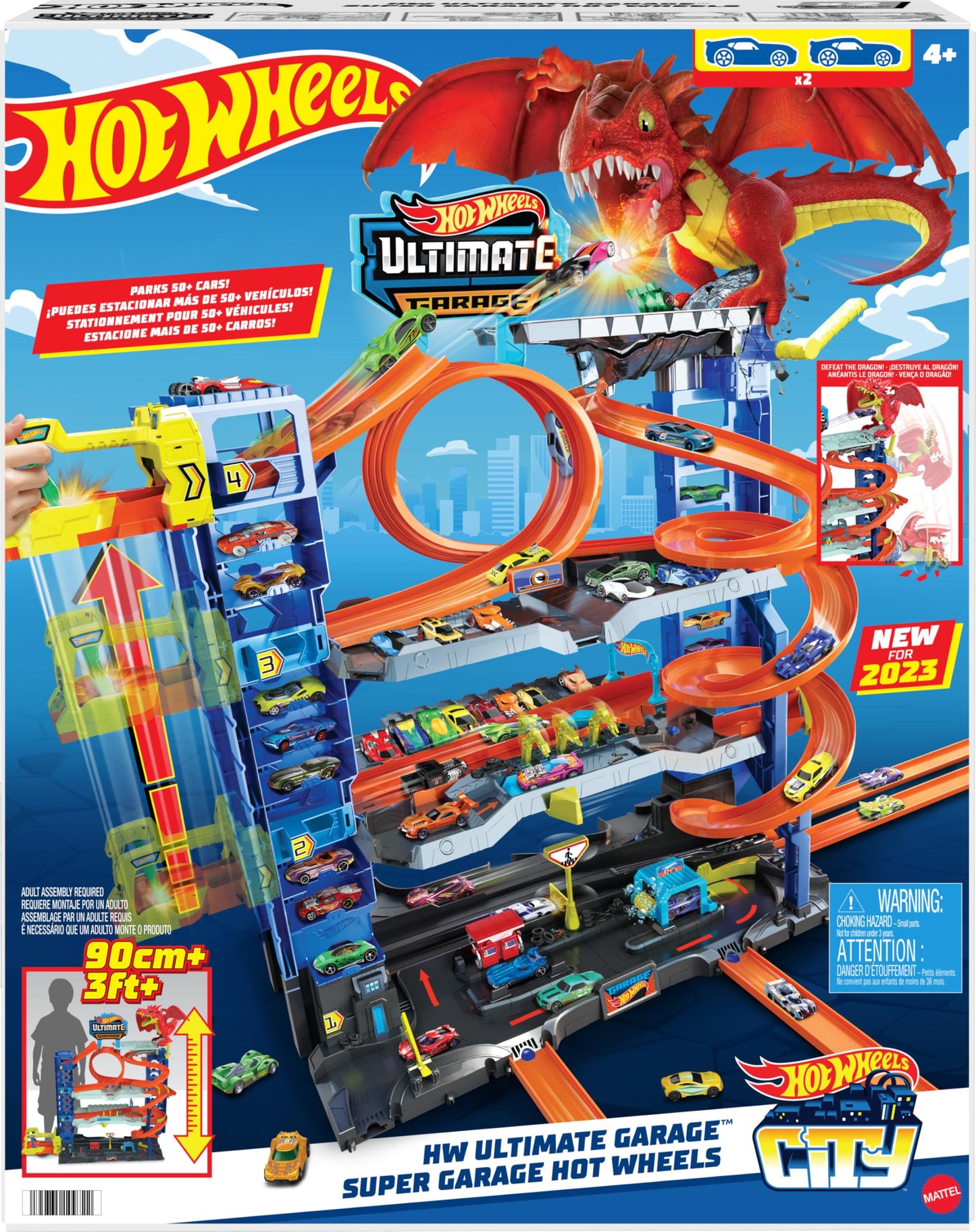 Hot Wheels City Ultimate Garage Track Set with 2 Die-Cast Toy Cars & Car-Eating Dragon, Stores 50+ Vehicles, 4 Levels