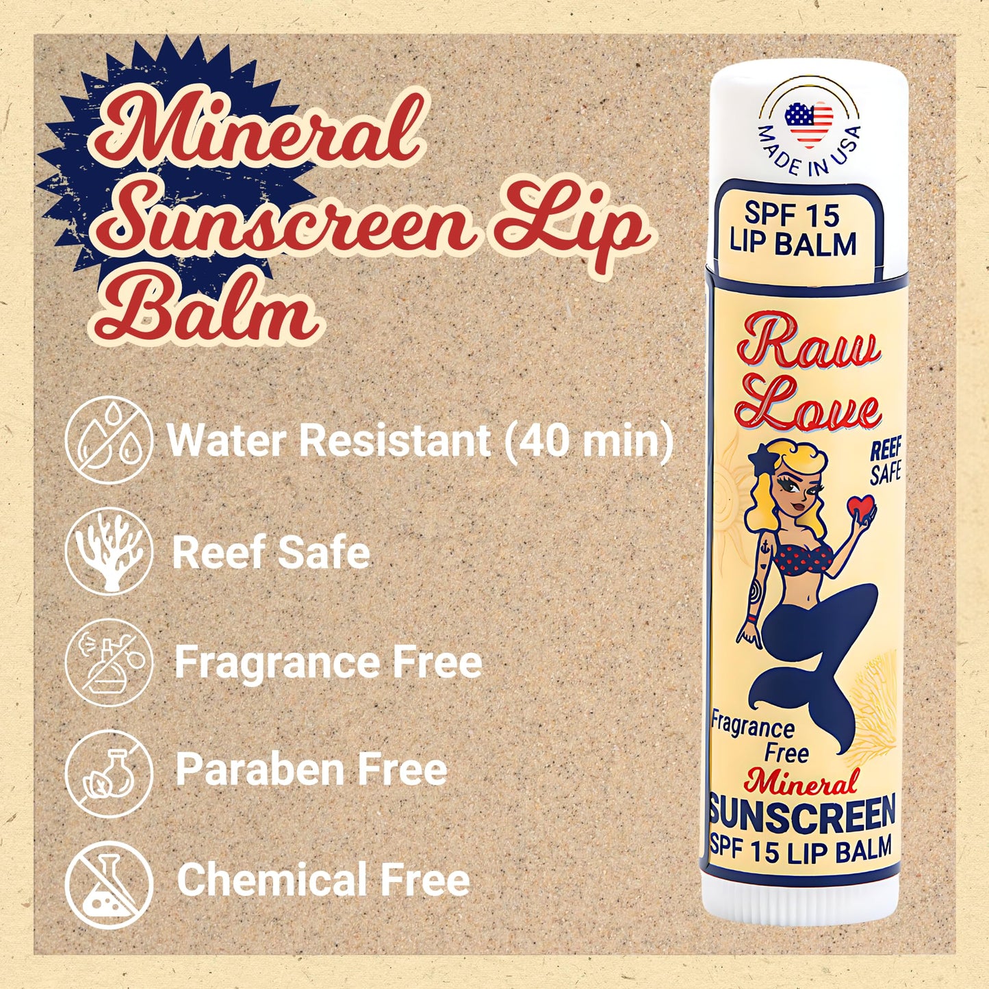 Raw Love SPF 15 Mineral Sunscreen Lip Balm - Reef Safe, Fragrance-Free, Broad Spectrum with Non-Nano Zinc Oxide, Made in USA 0.15 oz
