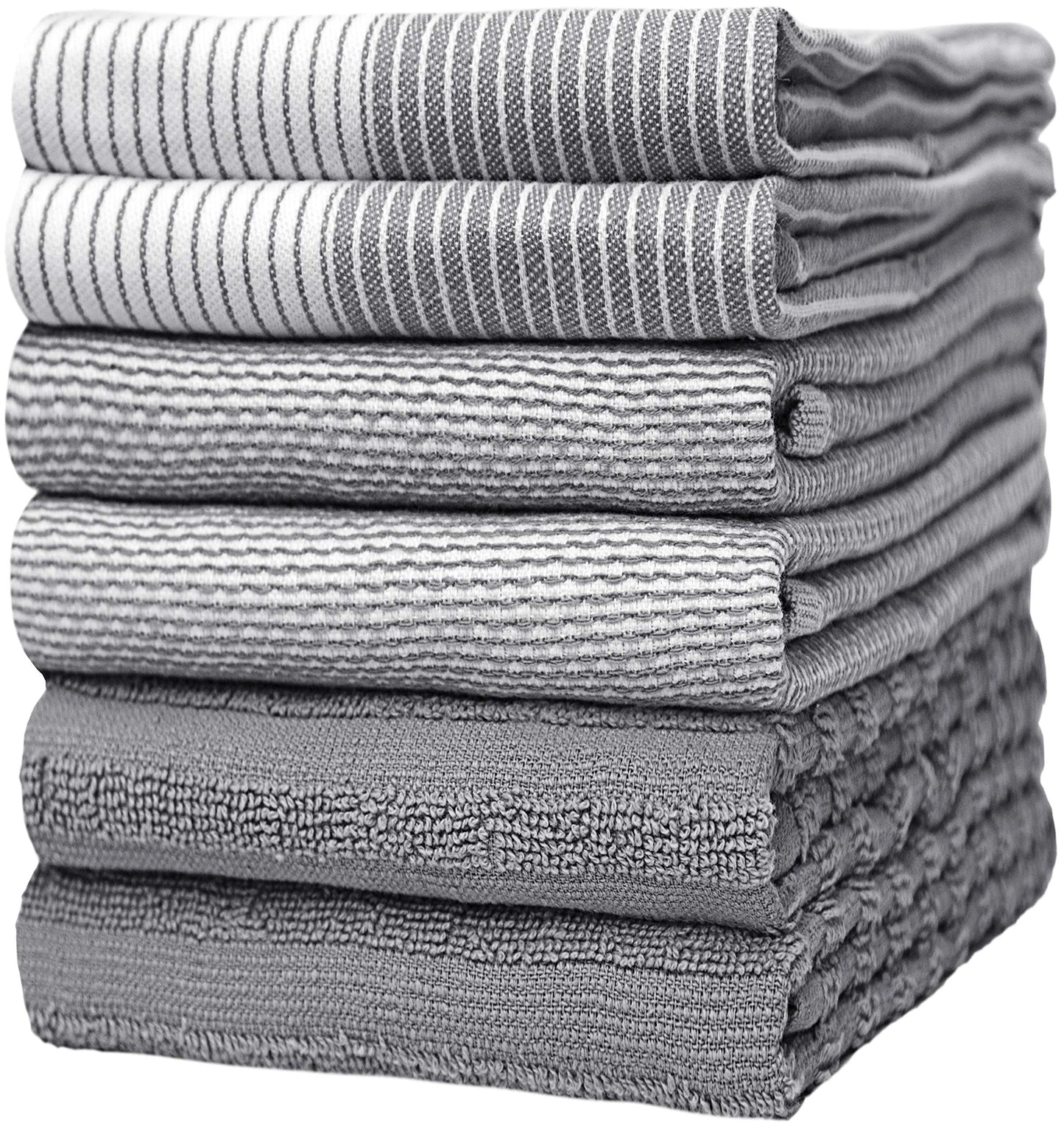 Premium Cotton Kitchen Towels 6 Pack (20”x28”) – Large, Absorbent Flat & Terry Dish Cloths with Hanging Loop – Gray