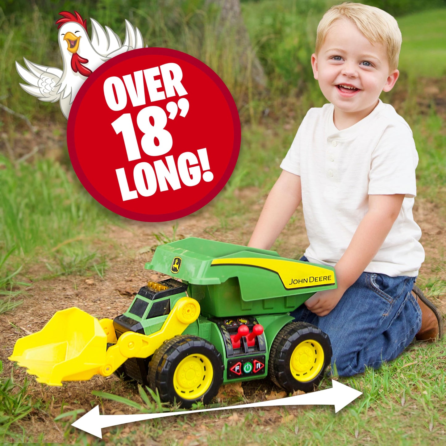 John Deere 18" Motorized Dig Rig: 2-in-1 Toy Dump Truck & Front Loader with Realistic Lights & Sounds, Dual Joystick - Kids 3+