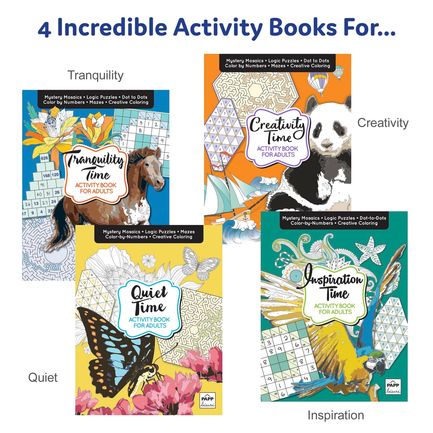Activity Books for Adults 4-Book Set – 100+ Pages of Stress-Relieving Puzzles, Sudoku, Color by Number, Mosaics & Inspirational Quotes