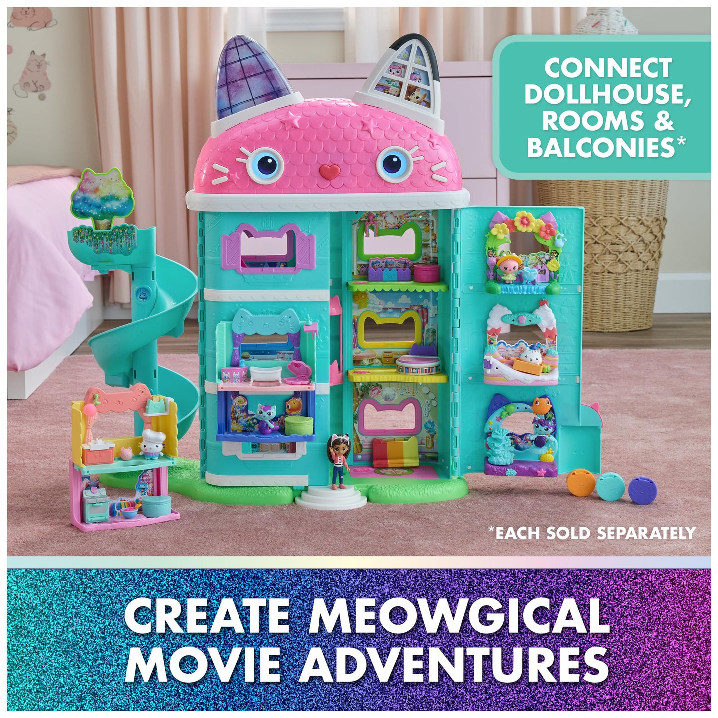 Gabby's Dollhouse: The Movie, Meow-Mazing Interactive Dollhouse, 7 Rooms, LCD Screen Eyes, Figures, Sound FX, Kids Toys for Girls & Boys Ages 3 and Up