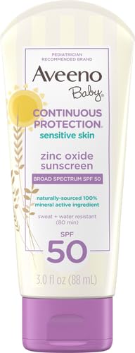 Aveeno Baby Zinc Oxide Mineral Sunscreen Lotion SPF 50 – Sensitive Skin, Tear-Free, Water & Sweat Resistant, Travel Size 3 fl oz