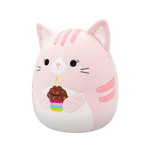 Squishmallows Original 14in Laura The Pink Tabby Cat Holding Birthday Cupcake – Official Jazwares Plush (Large)