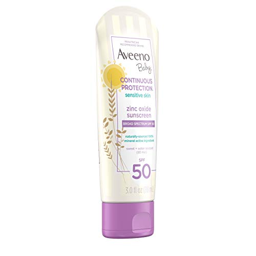 Aveeno Baby Zinc Oxide Mineral Sunscreen Lotion SPF 50 – Sensitive Skin, Tear-Free, Water & Sweat Resistant, Travel Size 3 fl oz