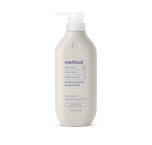 Method Body Lotion, Simply Nourish, Coconut, Rice Milk + Shea Butter notes, 24 Hours of Moisture 14 oz