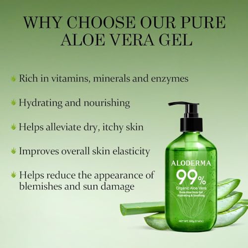 Aloderma 99% Organic Aloe Vera Gel – 17.6oz Pump, Freshly Harvested in 12 Hours, Lightweight, Non-Sticky, Soothes Sunburn, Face & Hair