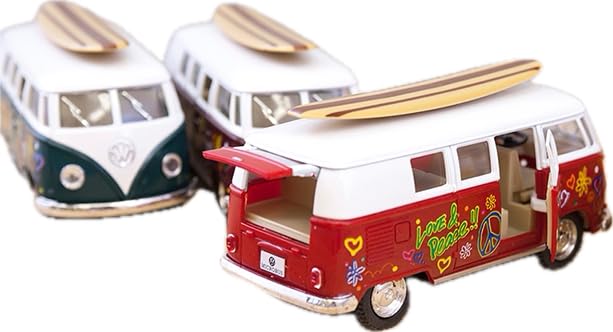 KiNSMART 1962 Volkswagen Classic Bus 1:32 Scale Die-Cast Toy Van with Surfboard & Hippy Decals, 5" Pullback Model (1 Random)