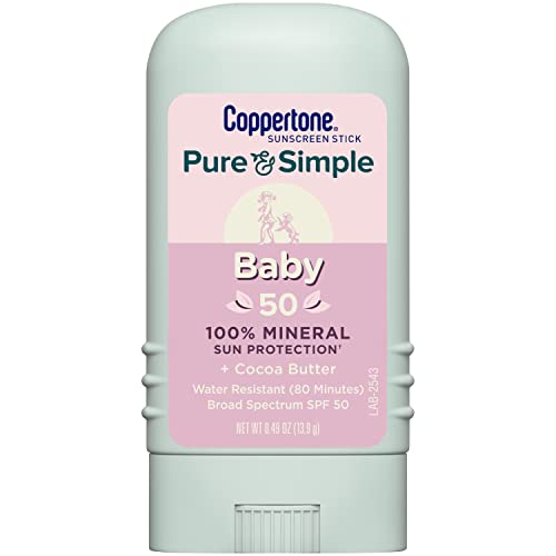 Coppertone Pure and Simple Baby Sunscreen Stick SPF 50, Zinc Oxide Mineral Sunscreen for Baby, Body and Face, 0.49 Oz Stick