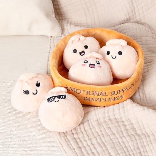 Emotional Support Dumplings – 5 Plushies with Basket, Cute Squishy Toys & Plush Animals, Perfect Gift for Loved Ones of All Ages