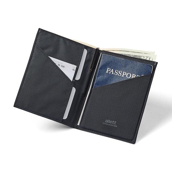 Allett Travel Wallet, Jet Black | Nylon, Thin Bifold, RFID Blocking, Minimalistic, Front Pocket | Holds Up To 10 Cards & Passport | For Men & Women