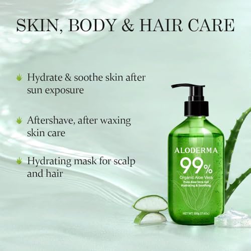 Aloderma 99% Organic Aloe Vera Gel – 17.6oz Pump, Freshly Harvested in 12 Hours, Lightweight, Non-Sticky, Soothes Sunburn, Face & Hair