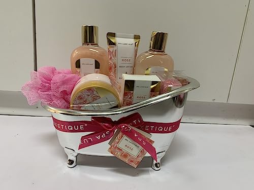 Spa Luxetique 8-Pc Rose Gift Set for Women – Bath & Body Basket with Bubble Bath, Shower Gel, Lotion – Birthday & Mother’s Day Gifts