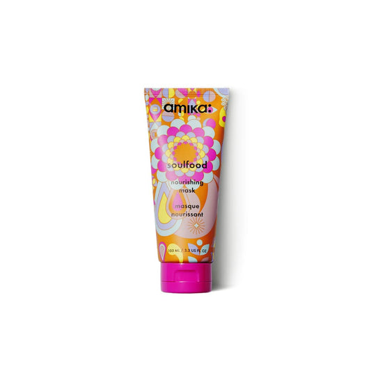 Amika nourishing mask tube with colorful design on a white background