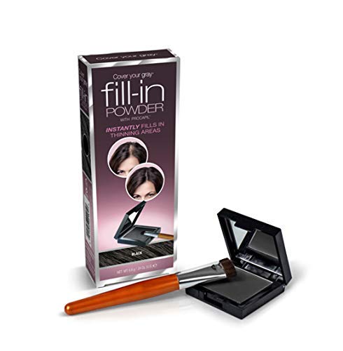 Hair fill-in powder with packaging, brush, and compact on a white background