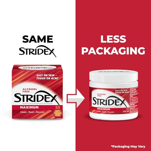Stridex Medicated Acne Pads, Maximum, 55 Count – Facial Cleansing Wipes, Alcohol Free, Acne Treatment for Face, For Moderate Acne, Smooth Application