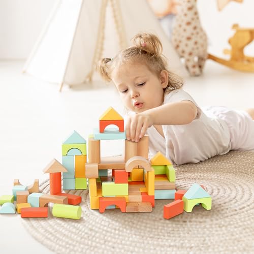 MEEYOO 100pcs Wooden Building Blocks for Toddlers 1-3, Montessori Toys with Storage Bucket, Baby Shower Gift for Boys & Girls