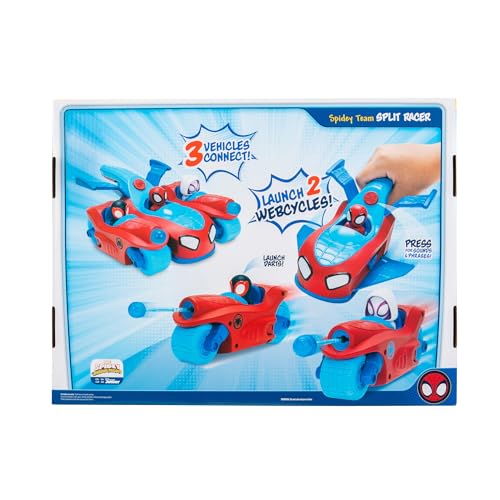 Jazwares Marvel Spidey and His Amazing Friends Spidey Team Split Racer - 8.5-Inch Three-in-One Vehicle with Web Darts, Sound Effects, and Phrases