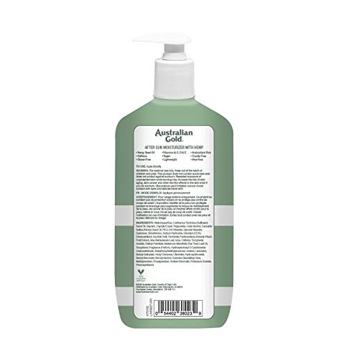 Australian Gold After Sun Moisturizing Lotion with Hemp Seed Oil, Enriched with Caffeine, Vitamin Blend, Dye Free, Vegan & PETA Approved, 16 Ounces