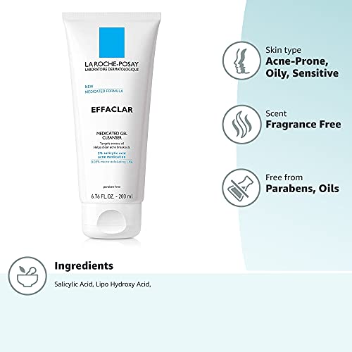 La Roche-Posay Effaclar Medicated Gel Cleanser with 2% Salicylic Acid & LHA - Foaming Acne Face Wash to Clear & Prevent Breakouts, Oil-Free