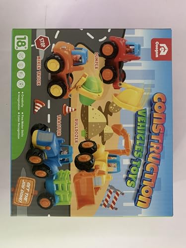Coogam 4-Pack Friction Powered Construction Vehicles Toy Set – Push & Go Tractor, Bulldozer, Cement Mixer & Dumper for Kids