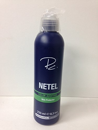 Blue bottle of NETEL color additive on a white background