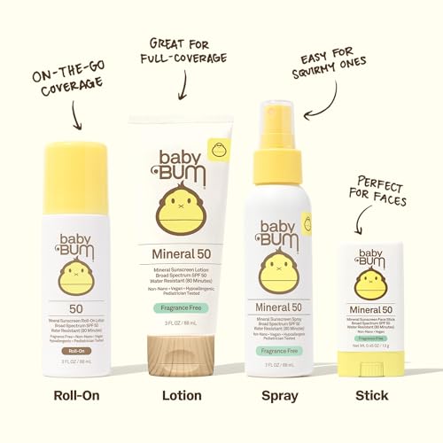 Baby Bum Mineral Sunscreen SPF 50 for Face & Body, Fragrance-Free, Sensitive Skin Safe, Travel Size 3oz, Pack of 2