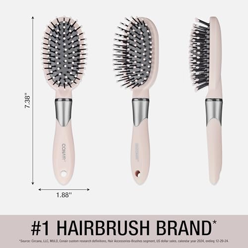 Conair Velvet Touch oval cushion hair brush - Travel Hairbrush- Detangling - curly or straight styles - detangler brushes - women or men - Blush Pink