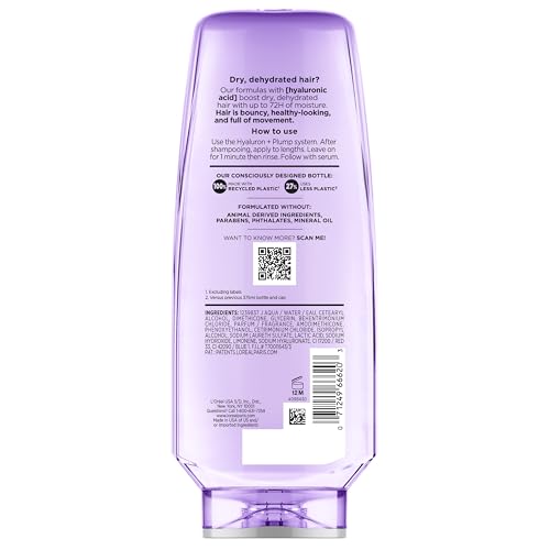L'Oreal Paris Elvive Hyaluron Plump Hydrating Conditioner for Dehydrated, Dry Hair Infused with Hyaluronic Acid Care Complex, Paraben-Free, 12.6 Fl Oz